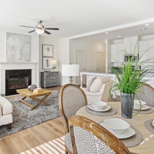 a living room with a large dining table and a fireplace